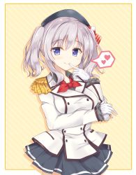 Rule 34 | 1girl, beret, blue eyes, blush, border, breasts, buttons, closed mouth, cowboy shot, double-breasted, epaulettes, eyebrows, finger to mouth, frilled sleeves, frills, gloves, grey shirt, hair between eyes, hand on own elbow, hat, heart, jacket, kantai collection, kashima (kancolle), kerchief, long hair, long sleeves, looking at viewer, medium breasts, military, military jacket, military uniform, miniskirt, neckerchief, pleated skirt, red neckerchief, sakashu, shirt, sidelocks, silver hair, skirt, smile, solo, spoken heart, striped, striped background, tsurime, twintails, uniform, wavy hair, white gloves, white jacket, yellow background