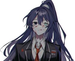 Rule 34 | 1boy, aqua eyes, black coat, black vest, blood, blood on face, blue eyes, blue hair, coat, collared shirt, half updo, heterochromia, highres, hong lu (project moon), licking blood, limbus company, long hair, mu46016419, necktie, project moon, red necktie, shirt, solo, tongue, tongue out, upper body, very long hair, vest, white shirt, wing collar