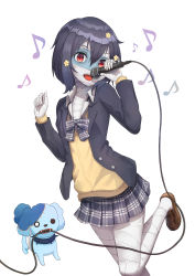 Rule 34 | 10s, 1girl, absurdres, bandages, biting, black hair, blazer, blue skin, cable, collar, colored skin, dog, fang, hair between eyes, hair ornament, highres, holding, holding microphone, jacket, kms3856, looking at viewer, microphone, mizuno ai, music, musical note, open mouth, plaid, plaid neckwear, plaid skirt, red eyes, romero (zombie land saga), school uniform, short hair, singing, skirt, smile, spiked collar, spikes, sweater, teeth, zombie, zombie land saga