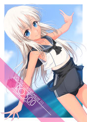 Rule 34 | 1girl, artist name, black neckerchief, black one-piece swimsuit, black sailor collar, blonde hair, blue eyes, character name, clothes pull, collarbone, commentary request, cowboy shot, crop top, dutch angle, eyes visible through hair, flat chest, hair between eyes, highres, inaba shiki, kantai collection, long hair, looking at viewer, neckerchief, one-piece swimsuit, one-piece swimsuit pull, one-piece tan, outstretched arms, ro-500 (kancolle), sailor collar, sailor shirt, school swimsuit, shirt, sleeveless, sleeveless shirt, smile, solo, swimsuit, tan, tanline