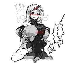 Rule 34 | !, !?, 10s, 2girls, abyssal ship, between breasts, black hair, blush, bonnet, breast hold, breast smother, breasts, claws, comic, face between breasts, face to breasts, head between breasts, heavy breathing, horns, huge breasts, isolated island oni, kantai collection, long hair, messy hair, monochrome, multiple girls, red eyes, seaport princess, simple background, single horn, sitting, sketch, spot color, sukueni, surprised, sweatdrop, text focus, translation request, very long hair