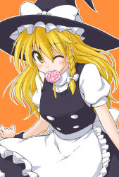 Rule 34 | 1girl, apron, blonde hair, braid, buttons, candy, dress, female focus, food, hair ribbon, hat, kirisame marisa, lollipop, mikagami sou, mouth hold, one eye closed, ribbon, side braid, solo, swirl lollipop, touhou, wink, witch hat, yellow eyes