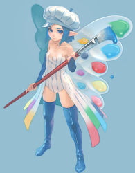 Rule 34 | 1girl, bare shoulders, blue eyes, blue footwear, blue hair, boots, butterfly wings, hat, insect wings, matching hair/eyes, multicolored wings, oekaki musume, original, pointy ears, simple background, solo, thigh boots, thighhighs, weno, wings