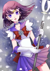 Rule 34 | 1990s (style), 1girl, absurdres, bishoujo senshi sailor moon, blue background, bow, brooch, brown bow, choker, dress, dutch angle, earrings, floral background, gloves, highres, holding, holding polearm, holding spear, holding weapon, jewelry, magical girl, megumi choco, pleated skirt, polearm, purple dress, purple eyes, purple hair, purple skirt, retro artstyle, ribbon, sailor collar, sailor saturn, short hair, silence glaive, skirt, solo, spear, star brooch, tiara, tomoe hotaru, weapon, white gloves