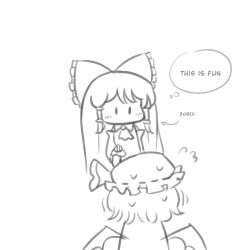 Rule 34 | 2girls, ascot, bat wings, blush, bow, chibi, commentary, english commentary, english text, frilled bow, frills, garlic, greyscale, hair bow, hair tubes, hakurei reimu, hat, long hair, mata (matasoup), mob cap, monochrome, multiple girls, no mouth, remilia scarlet, simple background, sweat, thought bubble, touhou, trembling, wings