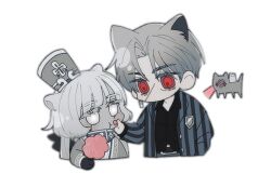 Rule 34 | 1boy, 1girl, animal ears, animalization, black gloves, black shirt, blue shirt, cat, cat boy, cat ears, cat girl, charon (project moon), chewing, chibi, closed mouth, collared shirt, colored skin, commentary request, cotton candy, earrings, food, gloves, grey hair, grey jacket, grey skin, hat, holding, holding food, jacket, jewelry, kemonomimi mode, korean commentary, limbus company, lm (lc goodgame), long hair, long sleeves, no mouth, no nose, open clothes, open shirt, parted bangs, project moon, red eyes, shirt, short hair, simple background, single earring, striped clothes, striped shirt, vergilius (project moon), vertical-striped clothes, vertical-striped shirt, white background, white eyes