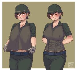 Rule 34 | abs, absurdres, artist name, artist request, belt, blush, breasts, brown eyes, brown hair, clothes pull, collarbone, fanning self, gate - jieitai ka no chi nite kaku tatakaeri, gloves, helmet, highres, jsdf, kuribayashi shino, large breasts, looking at viewer, looking away, military, military uniform, mule express, muscular, muscular female, one eye closed, open mouth, pants, pulling at clothes, rolled up sleeves, shirt pull, short hair, short sleeves, simple background, smile, sweat, sweatdrop, tactical clothes, tongue, tongue out, uniform, wink