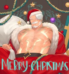 Rule 34 | 1boy, abs, bara, bare pectorals, beard, body markings, bulge, chest hair, christmas, come hither, facial hair, hat, highres, hunterkay, large pectorals, looking at viewer, male focus, merry christmas, muscular, muscular male, mustache, nipples, original, pectorals, santa costume, santa hat, seductive smile, short hair, smile, solo, spread legs, stomach, swept bangs, undressing, white hair