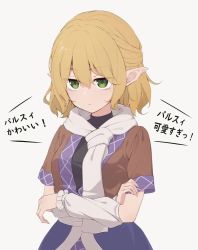 Rule 34 | 1girl, animated, blinking, blonde hair, blush, breasts, closed mouth, crossed arms, detached sleeves, ear blush, ear wiggle, ears, green eyes, kanpa (campagne 9), long ears, looking at another, medium breasts, mizuhashi parsee, scarf, short hair, standing, subterranean animism, talking, touhou, turtleneck, video