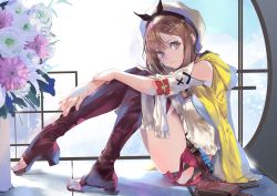 Rule 34 | atelier (series), atelier ryza, atelier ryza 1, belt, boots, breasts, brown belt, clothing cutout, flower, gloves, hair ornament, hairclip, highres, jacket, jewelry, kiriyama, large breasts, leather, leather belt, leather gloves, necklace, red shorts, reisalin stout, short shorts, shorts, shoulder cutout, sitting, sleeveless, sleeveless jacket, solo, thighs, toeless footwear, vial, white headwear, window, yellow jacket