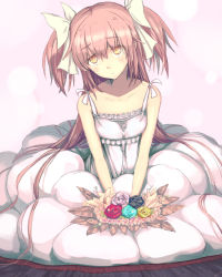 Rule 34 | 1girl, :&gt;, alternate costume, aqua flower, aqua rose, bare arms, black flower, black rose, blush, bouquet, breasts, bubble skirt, bud, buttons, closed mouth, collarbone, dress, flower, frills, furrowed brow, hair between eyes, hair ribbon, half-closed eyes, hands on lap, head tilt, holding, holding bouquet, kaname madoka, leaf, light smile, long dress, long hair, looking up, mahou shoujo madoka magica, mahou shoujo madoka magica (anime), pink background, pink flower, pink hair, polka dot, polka dot background, purple flower, purple rose, red flower, red rose, ribbon, rose, simple background, skirt, sleeveless, sleeveless dress, small breasts, solo, spaghetti strap, straight hair, tandemu, two side up, ultimate madoka, v arms, very long hair, white dress, white flower, white ribbon, yellow eyes, yellow flower, yellow rose