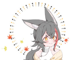Rule 34 | 1girl, animal ear fluff, animal ears, autumn leaves, black hair, blush, cardigan, closed mouth, commentary request, hair between eyes, hair ornament, hairclip, hololive, kani bonara, leaf, long hair, looking away, maple leaf, multicolored hair, off shoulder, official alternate costume, ookami mio, ookami mio (street), ponytail, red hair, shirt, simple background, smile, solo, streaked hair, upper body, virtual youtuber, white shirt, wolf ears, wolf girl, yellow cardigan, yellow eyes