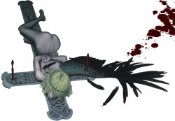 Rule 34 | 1girl, angel, ass, black feathers, black wings, bleeding, blonde hair, blood, blood on back, blood splatter, bloody wings, bound, bound wrists, chiki (botugo), closed mouth, comple, cross, crucifixion, feathered wings, feathers, flower, flower wreath, hair over one eye, nude, original, pink lips, red eyes, short hair, simple background, single wing, solo, white background, white flower, wings