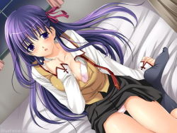 Rule 34 | 00s, 1girl, :o, bed, black socks, blush, bra, breasts, cleavage, cross, dutch angle, embarrassed, fate/stay night, fate (series), game cg, hair ribbon, homurahara academy school uniform, indoors, kneehighs, large breasts, lingerie, long hair, looking at viewer, matou sakura, necktie, no shoes, on bed, open clothes, open mouth, open shirt, panties, pantyshot, pink bra, pink panties, purple eyes, purple hair, ribbon, school uniform, seiza, shirt, sitting, skirt, socks, solo, splush wave, thigh gap, thighs, underwear, undressing, untied, very long hair, vest, watermark, window