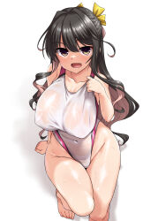 Rule 34 | 1girl, bare arms, bare legs, bare shoulders, barefoot, black hair, breasts, collarbone, colored inner hair, covered navel, fang, groin, highres, kantai collection, large breasts, long hair, multicolored hair, naganami (kancolle), one-piece swimsuit, open mouth, pink hair, simple background, solo, swimsuit, white background, white one-piece swimsuit, yellow eyes, yoshi tama