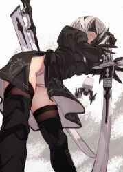 Rule 34 | 1girl, 2b (nier:automata), black dress, black gloves, black thighhighs, blindfold, breasts, commentary request, dress, fu-ta, gloves, highres, holding, holding sword, holding weapon, leotard, long sleeves, medium breasts, mole, mole under mouth, nier:automata, nier (series), pod (nier:automata), short hair, solo, standing, sword, thighhighs, thighs, weapon, white hair, white leotard