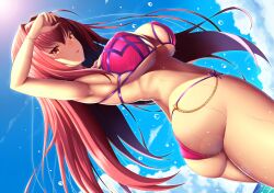 Rule 34 | 1girl, arm up, armpits, ass, bikini, blue sky, breasts, brown hair, cleavage, cloud, cloudy sky, fate/grand order, fate (series), fingernails, highleg, highleg bikini, highres, large breasts, lips, long hair, looking at viewer, looking back, nail polish, purple hair, scathach (fate), scathach (fate/grand order), scathach (swimsuit assassin) (fate), shiny skin, simple background, sky, smile, solo, sunlight, swimsuit, thighs, water, water drop, wet, zukky