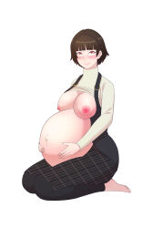 Rule 34 | 1girl, absurdres, barefoot, blush, breasts, clothes lift, el vibritania, female focus, full body, highres, kneeling, large breasts, looking at viewer, niijima makoto, pantyhose, persona, persona 5, pregnant, red eyes, shirt lift, short hair, solo