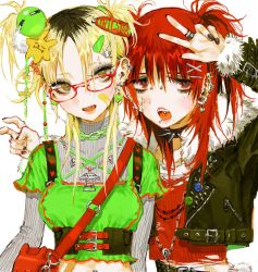 Rule 34 | 2girls, absurdres, bag, bandaid, bandaid on cheek, bandaid on face, black choker, black hair, black jacket, black nails, blonde hair, blush, braces, breasts, chain, chain necklace, choker, crop top, decora, dyed bangs, ear piercing, eyebrow piercing, eyelashes, freckles, fur-trimmed jacket, fur trim, glass, glasses, hair between eyes, hair ornament, hairclip, highres, jacket, jewelry, lip piercing, long sleeves, looking at viewer, makeup, multicolored hair, multiple girls, multiple rings, nail polish, navel piercing, necklace, nose piercing, original, parted lips, piercing, pom pom (clothes), pom pom hair ornament, red-framed eyewear, red bag, red hair, ring, simple background, spiked choker, spikes, tongue piercing, torn clothes, upper body, v, w, white background, x hair ornament, yatatashira