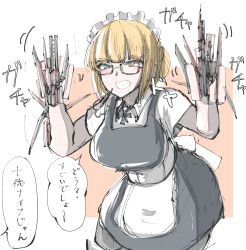 Rule 34 | 1girl, blonde hair, check commentary, commentary request, cyborg, doyagao, glasses, grin, highres, kanikama25, knife, maid, maid headdress, mechanical arms, mechanical parts, orange eyes, original, simple background, single mechanical arm, smile, smug, solo, swiss army knife, translated