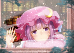 Rule 34 | 1girl, blue ribbon, blunt bangs, blurry, blurry background, blush, commentary request, condensation, crescent, crescent hat ornament, crescent pin, from outside, hand on window, hat, hat ornament, hat ribbon, looking at viewer, mob cap, patchouli knowledge, purple eyes, purple hair, rain, ram hachimin, red ribbon, ribbon, solo, touhou, upper body, water drop, window, window fog, wiping