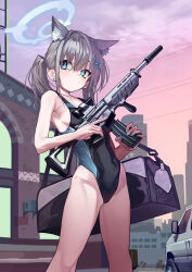 Rule 34 | 1girl, absurdres, animal ears, artist name, bag, black bag, black one-piece swimsuit, blue archive, blue eyes, blue halo, blue nails, breasts, bright pupils, closed mouth, cross, cross hair ornament, duffel bag, ear piercing, extra ears, extra pupils, grand theft auto, grand theft auto v, grey hair, gun, hair ornament, halo, highres, holding, holding gun, holding weapon, latin cross, medium hair, mismatched pupils, nail polish, official alternate costume, one-piece swimsuit, piercing, shiroko (blue archive), shiroko (swimsuit) (blue archive), small breasts, solo, swimsuit, twintails, waa153, weapon, white pupils, wolf ears, wolf girl