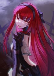 Rule 34 | 1girl, absurdres, backless bodysuit, black bodysuit, black bow, black hairband, bodysuit, bow, hair bow, hairband, highres, long hair, looking at viewer, looking back, punishing: gray raven, red eyes, red hair, solo, spiked pauldrons, straight hair, takamatu hajime, two-tone bodysuit, vera: rozen (punishing: gray raven), vera (punishing: gray raven), white bodysuit