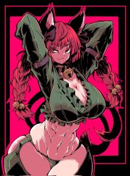 Rule 34 | 1girl, abs, animal ears, arm behind head, bell, black border, border, braid, breasts, cat ears, cat tail, cleavage, closed mouth, commentary request, commission, cowboy shot, crop top, green shirt, highres, kaenbyou rin, large breasts, long hair, long sleeves, looking at viewer, multiple tails, navel, neck bell, nehitsuji (syatihokoga), red background, red eyes, red hair, shirt, skeb commission, solo, tail, touhou, twin braids, two tails