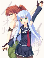 Rule 34 | 10s, 2girls, aoki hagane no arpeggio, arm strap, back-to-back, bad id, bad pixiv id, bike shorts, blue hair, blush, brown hair, detached sleeves, gloves, green eyes, grin, hair tie, holding hands, iona (aoki hagane no arpeggio), komone ushio, long hair, looking back, mole, multiple girls, necktie, open mouth, outstretched arms, personification, shirt, shorts, shorts under skirt, skirt, sleeveless, sleeveless shirt, smile, spandex, translated, twintails, watanuki iori, white background