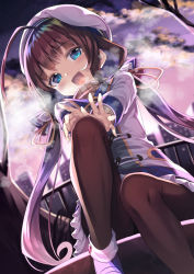 Rule 34 | 1girl, :d, ahoge, beret, blue eyes, blue footwear, blush, branch, breath, brown hair, brown pantyhose, commentary request, dutch angle, gurasion (gurasion), hat, hinatsuru ai, jacket, knee up, long hair, long sleeves, looking at viewer, low twintails, open mouth, outdoors, outstretched arms, pantyhose, railing, ryuuou no oshigoto!, shoes, sitting, smile, solo, sunset, tree, twintails, very long hair, white hat, white jacket