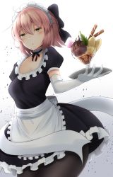 Rule 34 | 1girl, alternate costume, apron, bad id, bad pixiv id, black bow, black dress, black pantyhose, blush, bow, breasts, cleavage, commentary request, curvy, doyachii, dress, elbow gloves, fate/grand order, fate (series), frilled apron, frilled dress, frills, gloves, hair between eyes, hair bow, hairband, highres, holding, holding tray, koha-ace, looking at viewer, maid, maid apron, maid headdress, medium breasts, okita souji (fate), okita souji (koha-ace), pantyhose, parted lips, pink hair, puffy short sleeves, puffy sleeves, short hair, short sleeves, solo, tray, waitress, white gloves, white hairband, wide hips, yellow eyes