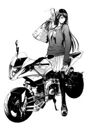 Rule 34 | 1girl, bag, commentary request, greyscale, highres, holding, holding bag, kurofood, loafers, long hair, monochrome, motor vehicle, motorcycle, original, pantyhose, school uniform, shoes, simple background, skirt, solo, standing, uniform, white background