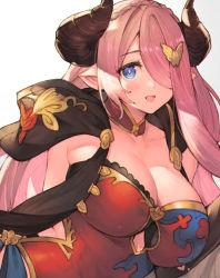 Rule 34 | 1girl, bad id, bad pixiv id, blue eyes, breasts, cleavage, collarbone, commentary, draph, gradient background, granblue fantasy, grey background, hair ornament, hair over one eye, highres, horns, koretsuki azuma, large breasts, long hair, looking at viewer, narmaya (granblue fantasy), open mouth, pink hair, pointy ears, smile, solo, upper body