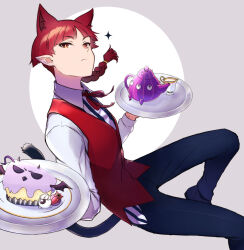 Rule 34 | 1other, androgynous, animal ears, black footwear, black pants, blunt bangs, braid, bright pupils, cake, cake slice, cat ears, cat tail, closed mouth, collared shirt, cup, expressionless, food, food art, foot out of frame, grey background, highres, holding, holding tray, long hair, long sleeves, looking at viewer, mairimashita! iruma-kun, neck ribbon, nolmikan, opera (iruma-kun), other focus, pants, plate, pointy ears, red eyes, red hair, red ribbon, red vest, ribbon, shirt, simple background, single braid, solo, striped clothes, striped shirt, tail, teacup, teapot, tray, two-tone background, untucked shirt, vest, whipped cream, white pupils