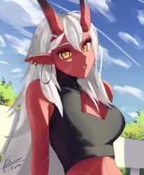 Rule 34 | 1girl, akumi (yoclesh), cleavage cutout, clothing cutout, cloud, colored skin, commentary, earrings, english commentary, hair behind ear, highres, hoop earrings, horns, jewelry, looking at viewer, oni horns, parted lips, pointy ears, red skin, scar, silva arts, sky, smile, solo, tree, virtual youtuber, vyugen, white hair