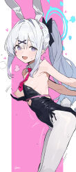 Rule 34 | 1girl, animal ears, bare shoulders, black leotard, blue archive, blue halo, blush, bow, breasts, detached collar, fake animal ears, fake tail, grey hair, hair between eyes, hair ornament, hairclip, halo, heart, highres, kooka kenji, leotard, long hair, looking at viewer, miyako (blue archive), motion lines, necktie, nipples, open mouth, pantyhose, perky breasts, playboy bunny, ponytail, purple eyes, rabbit ears, rabbit hole (vocaloid), rabbit tail, red necktie, simple background, small breasts, smile, solo, strapless, strapless leotard, tail, white hair, white pantyhose