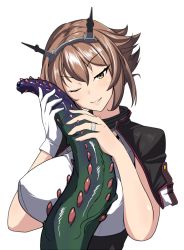 Rule 34 | 1girl, breasts, brown hair, gloves, hairband, jewelry, kantai collection, large breasts, mutsu (kancolle), mutsu kai ni (kancolle), nelo anjuurou, one eye closed, ring, short hair, single glove, smile, solo, tentacles, upper body, white gloves, yellow eyes