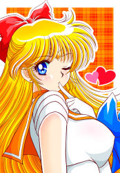 Rule 34 | 1girl, aino minako, bishoujo senshi sailor moon, blonde hair, blowing kiss, blue bow, blue eyes, bow, breasts, choker, circlet, earrings, finger to mouth, gloves, hair bow, heart, highres, jewelry, long hair, looking at viewer, magical girl, one eye closed, orange background, orange choker, orange sailor collar, parted lips, plaid, plaid background, sailor collar, sailor senshi uniform, sailor venus, solo, stud earrings, tatsumi kyouhei, upper body, white gloves, wink