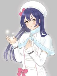 Rule 34 | 1girl, blue hair, blush, closed mouth, commentary request, detached sleeves, dress, fur trim, grey background, hair between eyes, hand on own chest, hat, headgear, highres, long hair, looking at viewer, love live!, love live! school idol project, ribbon, simple background, smile, snow halation, solo, sonoda umi, standing, white dress