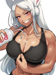 Rule 34 | 1girl, abs, animal ears, bare arms, bare shoulders, black sports bra, boku no hero academia, bottle, breasts, breasts day, cleavage, collarbone, covered erect nipples, dark-skinned female, dark skin, good breasts day, grin, harurukan, highres, holding, holding bottle, large breasts, long eyelashes, long hair, looking at viewer, mirko, muscular, muscular female, naughty face, navel, parted bangs, partially unzipped, pouring, pouring onto self, rabbit ears, rabbit girl, red eyes, smile, solo, sports bra, suggestive fluid, sweat, teeth, unzipping, upper body, very long hair, water bottle, white background, white hair
