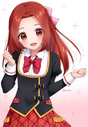 Rule 34 | 1girl, :d, aikatsu! (series), aikatsu on parade!, anz32, bad id, bad pixiv id, black jacket, blush, bow, brown eyes, brown hair, collared shirt, dress shirt, forehead, gradient background, hair bow, hands up, jacket, juliet sleeves, long hair, long sleeves, open mouth, otoshiro noel, parted bangs, pink background, pink bow, plaid, plaid skirt, pleated skirt, puffy sleeves, red bow, red skirt, shirt, skirt, smile, solo, sparkle, twitter username, white background, white shirt
