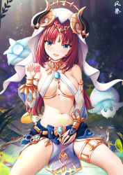 Rule 34 | 1girl, :d, absurdres, bare shoulders, blue skirt, breasts, circlet, cleavage, condom, detached sleeves, fungi (genshin impact), genshin impact, harem outfit, highres, holding, holding condom, horns, kazamatsuri honatsu, long hair, long sleeves, looking at viewer, medium breasts, navel, nilou (genshin impact), open mouth, parted bangs, pelvic curtain, pubic tattoo, puffy long sleeves, puffy sleeves, raised eyebrows, red hair, see-through, skirt, smile, solo, stomach, tattoo, thighlet, thighs, twintails, wet