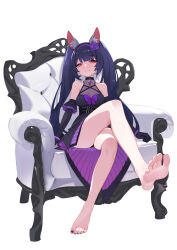 Rule 34 | 1girl, absurdres, animal ear fluff, animal ears, bare shoulders, barefoot, black dress, black nails, blue hair, blunt bangs, bob (pixiv49522586), bow, bracelet, breasts, buckle, chair, choker, cleavage, commission, commissioner upload, dark blue hair, dress, easy chair, elbow gloves, feet, foot focus, foreshortening, fox ears, fox girl, gem, gloves, highres, jewelry, medium breasts, mikan (rayer), nail polish, original, applying pedicure, pixiv commission, presenting foot, princess, purple bow, red eyes, see-through, slit pupils, soles, solo, strap, toes, translucent, twintails