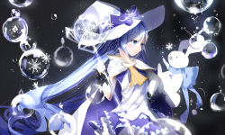 Rule 34 | 1girl, blue eyes, blue hair, bubble, rabbit, cape, douzhi, hand on own hip, hat, hatsune miku, long hair, scepter, skirt, snowflakes, twintails, very long hair, vocaloid, wand, witch hat, yuki miku, yukine (vocaloid)