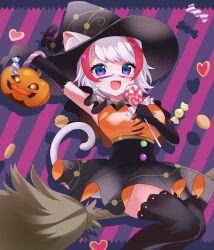 Rule 34 | 1girl, absurdres, animal ear fluff, animal ears, arm up, black gloves, black hat, black skirt, black thighhighs, breasts, broom, broom riding, candy, cat ears, cat girl, ears through headwear, elbow gloves, facial mark, fangs, food, gloves, grey hair, halloween costume, hat, heart, high-waist skirt, highres, holding, holding candy, holding food, holding lollipop, indie virtual youtuber, jack-o&#039;-lantern, large breasts, lollipop, medium breasts, multicolored hair, onolumi (vtuber), open mouth, orange shirt, purple eyes, red hair, second-party source, shadow, shake (noripasuta), shirt, short hair, skirt, solo, streaked hair, striped, striped background, swirl lollipop, thighhighs, witch, witch hat, wrapped candy