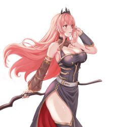 Rule 34 | 1girl, absurdres, armlet, black dress, black sleeves, black thighhighs, breasts, cape, cleavage, detached sleeves, dress, drumoriz, hand in own hair, highres, holding, holding scythe, hololive, hololive english, large breasts, long hair, mori calliope, open mouth, pink hair, red eyes, scythe, simple background, single sleeve, single thighhigh, solo, standing, thighhighs, virtual youtuber, white background