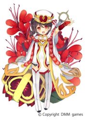 Rule 34 | 1girl, :d, arm up, blush, boots, braid, bridal gauntlets, brown hair, character request, cloak, commentary request, dress, flower, flower knight girl, full body, hair between eyes, hat, head tilt, heart, kurasuke, long hair, name connection, object namesake, official art, open mouth, outstretched arm, pigeon-toed, red eyes, red flower, red hat, side ponytail, smile, solo, standing, thigh boots, thighhighs, weapon, weapon on back, white cloak, white dress, white footwear, white thighhighs