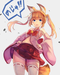 Rule 34 | 1girl, animal ear fluff, animal ears, armpits, bare shoulders, bell, blue eyes, blunt bangs, blush, bow, bowtie, brat (brabrabrat00), cowboy shot, debris, detached sleeves, fang, floral print, fox ears, fox girl, fox mask, fox tail, from below, grey background, hair bell, hair ornament, hands on own hips, highres, jingle bell, kemomimi oukoku kokuei housou, legs apart, long hair, long sleeves, looking at viewer, mask, mask on head, navel, nekomasu (kemomimi vr channel), pink vest, print skirt, red bow, red bowtie, red skirt, ribbon-trimmed legwear, ribbon trim, simple background, skirt, solo, speech bubble, standing, stomach, tail, thighhighs, translation request, twintails, vest, virtual youtuber, white thighhighs, wide sleeves, zettai ryouiki