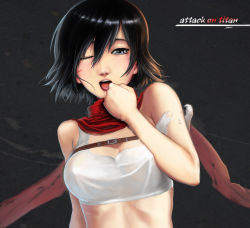 Rule 34 | 1girl, akai yami, artist name, bare shoulders, black hair, blue eyes, breasts, copyright name, facial scar, highres, looking at viewer, medium breasts, mikasa ackerman, one eye closed, open mouth, saliva, scar, scar on cheek, scar on face, scarf, shingeki no kyojin, short hair, simple background, smile, solo, tears, upper body