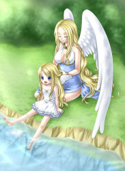 Rule 34 | 2girls, :d, angel, angel wings, barefoot, blonde hair, blue eyes, breasts, child, cleavage, dress, closed eyes, hairdressing, happy, highres, long hair, multiple girls, open mouth, original, river, sitting, smile, soaking feet, water, wings, yuino (fancy party)